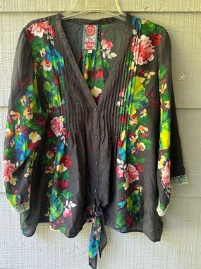 Johnny Was 100% Silk Flowy Boho Floral Tie-Front SemiSheer Lightweight  Blouse~L